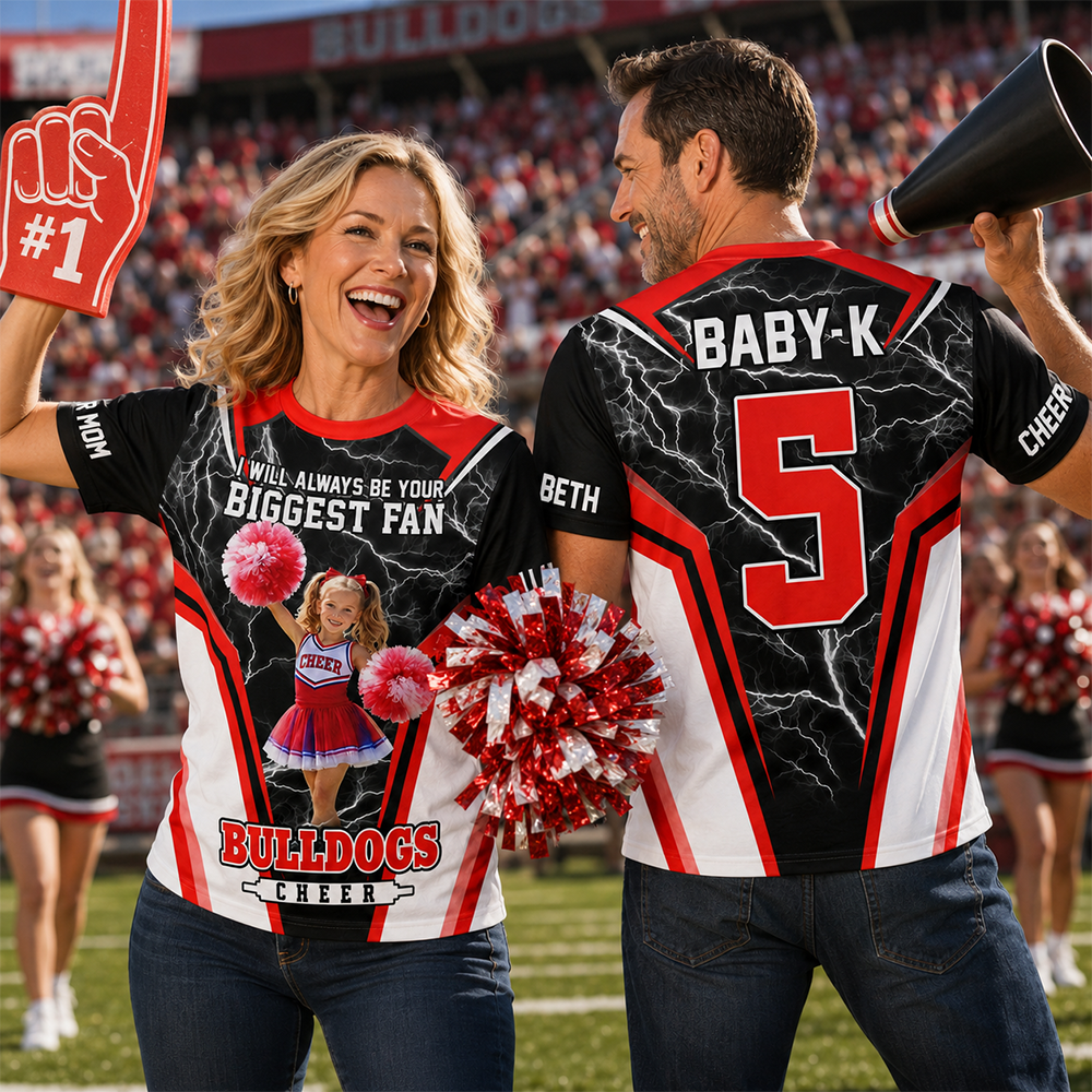 Personalized Cheer Mom Shirt, I’ll Always Be Your Biggest Fan, Custom Player Name & Number All Over Print Game Day Shirt for Mom Grandma Family Hv01 