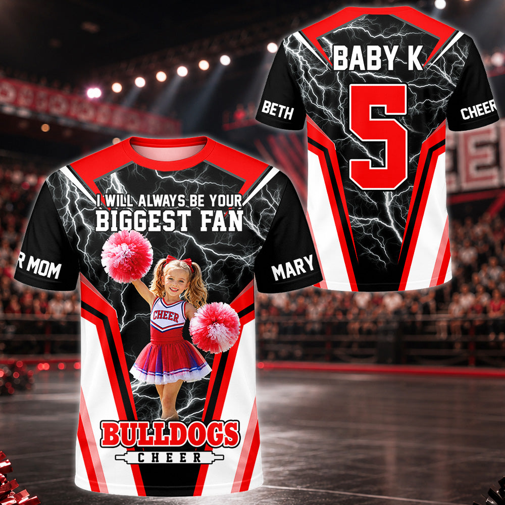 Personalized Cheer Mom Shirt, I’ll Always Be Your Biggest Fan, Custom Player Name & Number All Over Print Game Day Shirt for Mom Grandma Family Hv01 