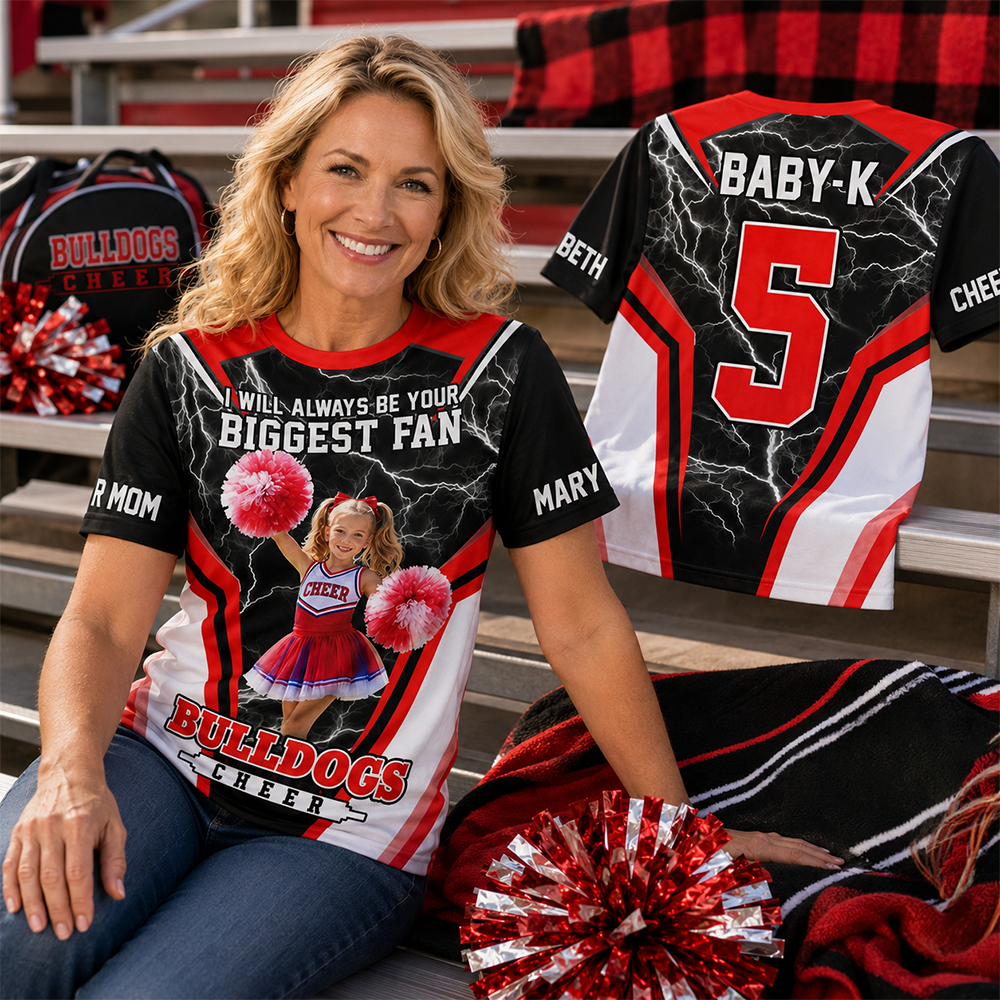 Personalized Cheer Mom Shirt, I’ll Always Be Your Biggest Fan, Custom Player Name & Number All Over Print Game Day Shirt for Mom Grandma Family Hv01 