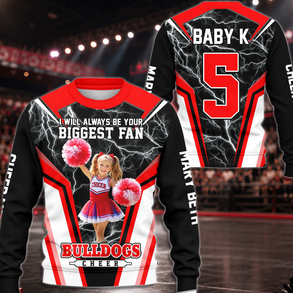 Personalized Cheer Mom Shirt, I’ll Always Be Your Biggest Fan, Custom Player Name & Number All Over Print Game Day Shirt for Mom Grandma Family Hv01 