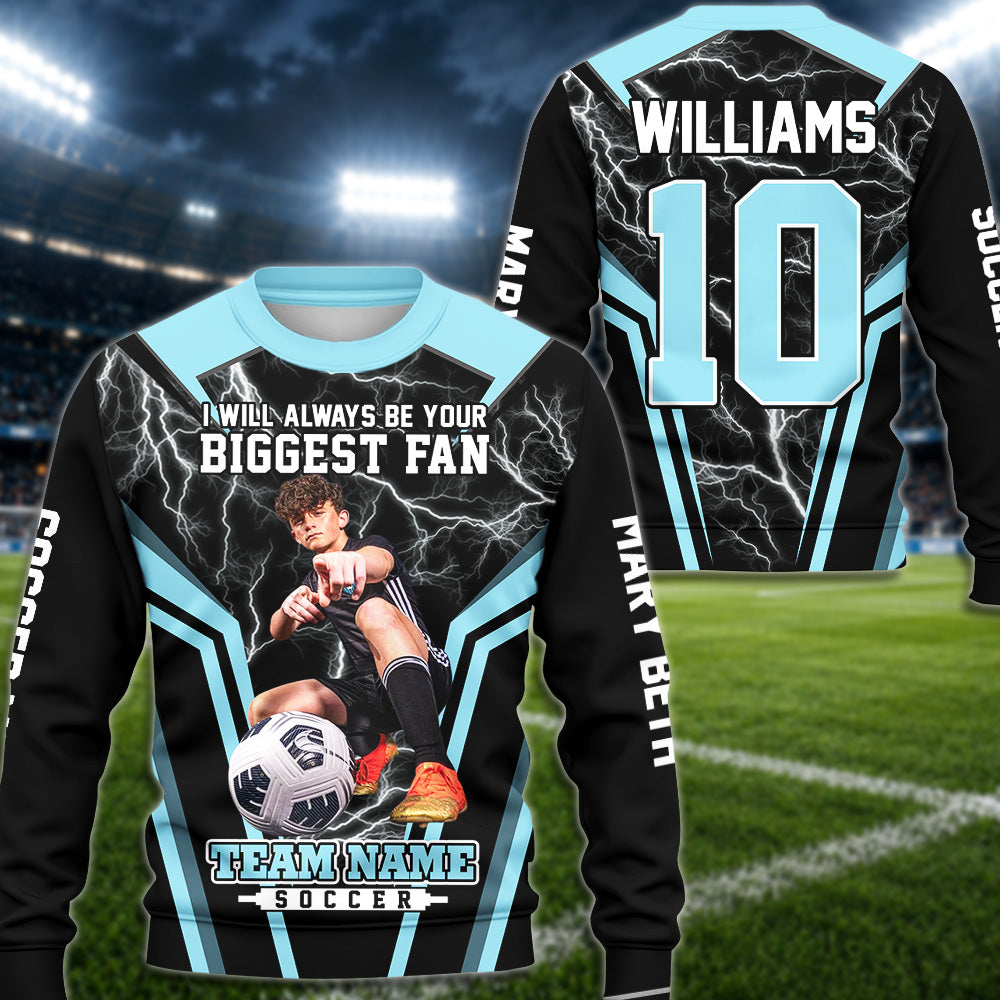 Personalized Soccer Mom Shirt, I’ll Always Be Your Biggest Fan, Custom Player Name & Number All Over Print Game Day Shirt for Mom Grandma Family Hv01