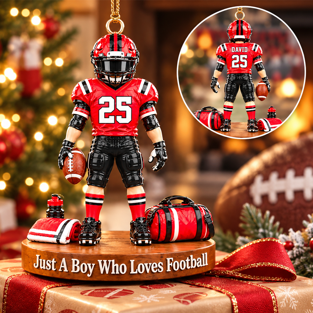 Luxury Personalized Football Player Christmas Ornament, Custom Name, Number & Uniform Colors, Just a Boy Who Loves Football Gift Hv01