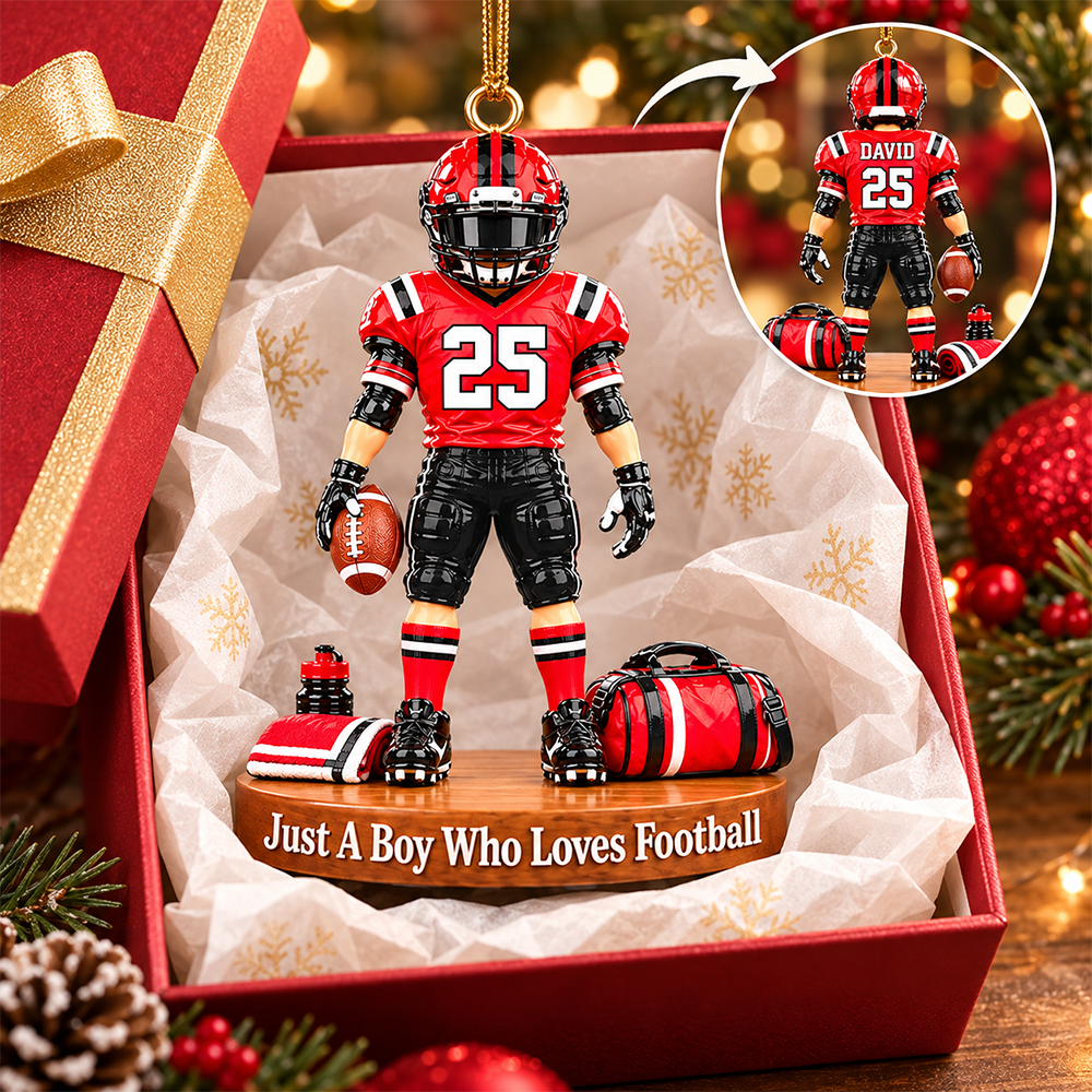 Luxury Personalized Football Player Christmas Ornament, Custom Name, Number & Uniform Colors, Just a Boy Who Loves Football Gift Hv01