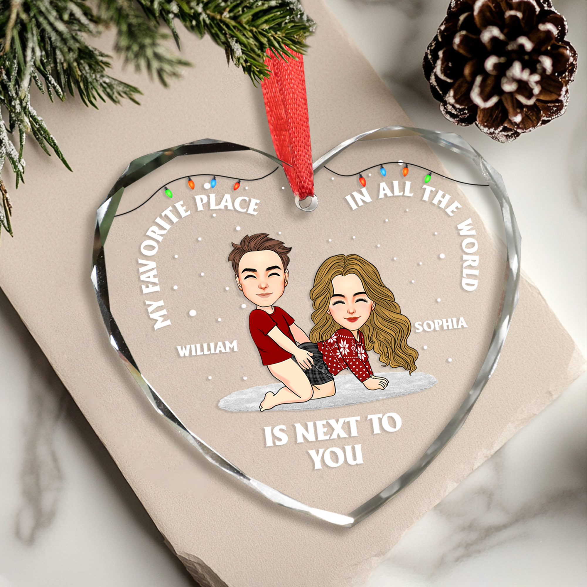 My Favorite Place In All The World Is Next To You Personalized Glass Ornament For Couple
