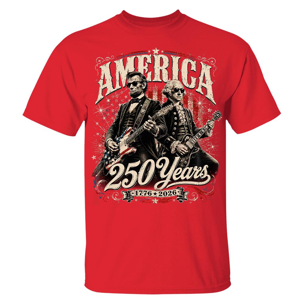250 Years America Anniversary Guitar Shirt, George Washington & Lincoln Playing Guitar, Funny 4th of July Rock Tee Hv01