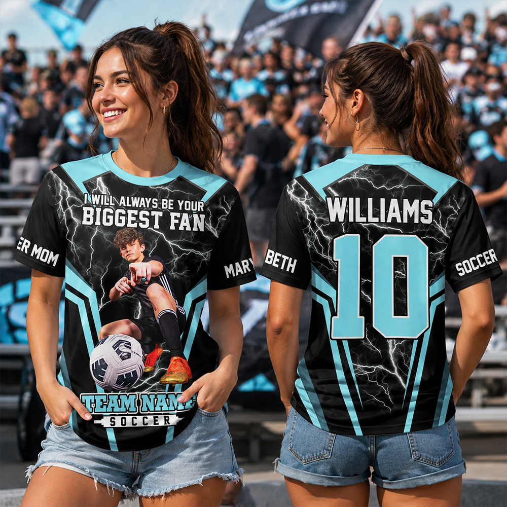 Personalized Soccer Mom Shirt, I’ll Always Be Your Biggest Fan, Custom Player Name & Number All Over Print Game Day Shirt for Mom Grandma Family Hv01