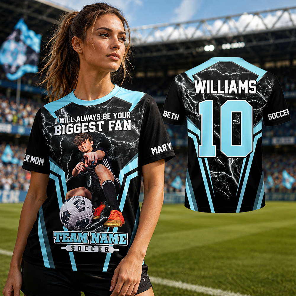 Personalized Soccer Mom Shirt, I’ll Always Be Your Biggest Fan, Custom Player Name & Number All Over Print Game Day Shirt for Mom Grandma Family Hv01