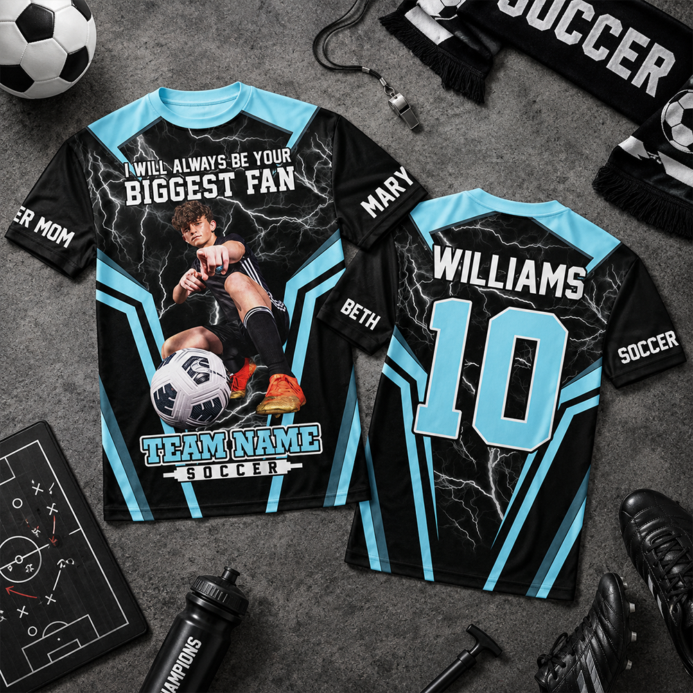 Personalized Soccer Mom Shirt, I’ll Always Be Your Biggest Fan, Custom Player Name & Number All Over Print Game Day Shirt for Mom Grandma Family Hv01