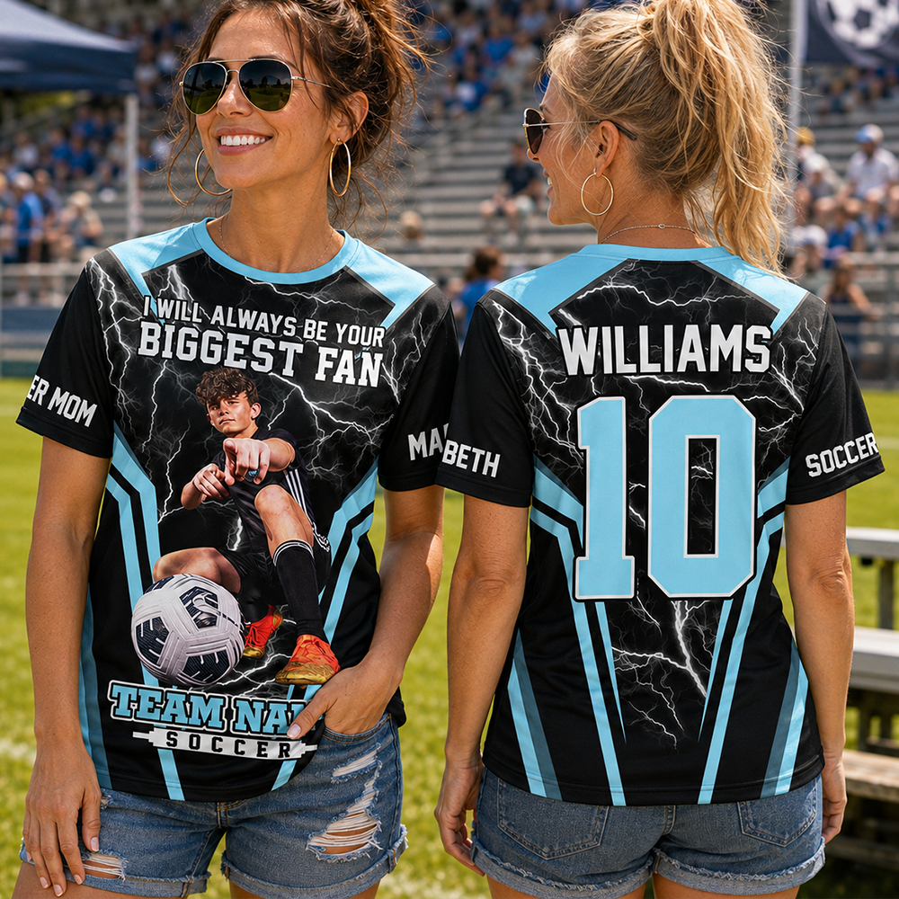 Personalized Soccer Mom Shirt, I’ll Always Be Your Biggest Fan, Custom Player Name & Number All Over Print Game Day Shirt for Mom Grandma Family Hv01