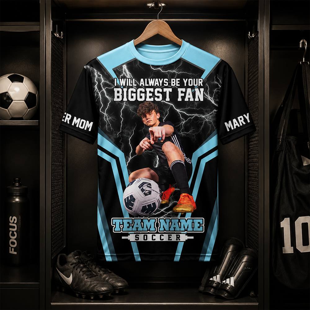 Personalized Soccer Mom Shirt, I’ll Always Be Your Biggest Fan, Custom Player Name & Number All Over Print Game Day Shirt for Mom Grandma Family Hv01