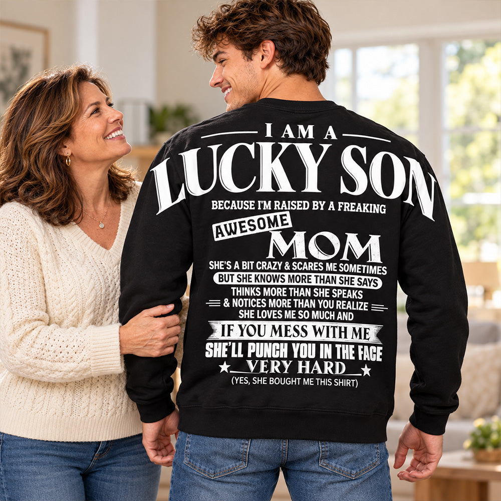 Lucky Son Shirts – Oversized Shoulder Print, Gift for Son from Mom T24