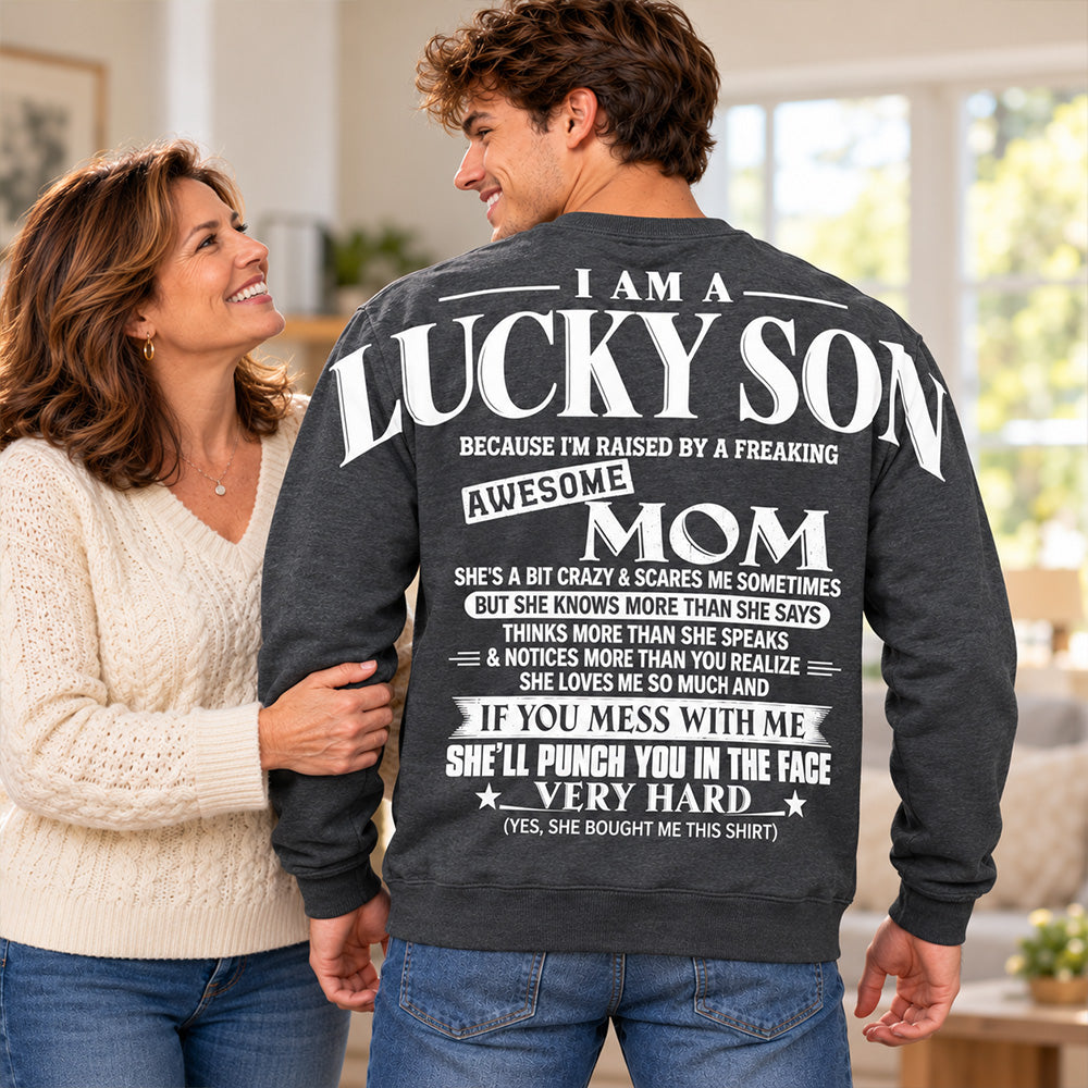 Lucky Son Shirts – Oversized Shoulder Print, Gift for Son from Mom T24