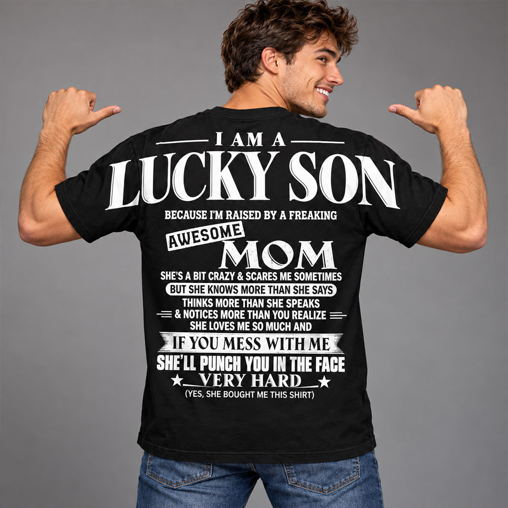 Lucky Son Shirts – Oversized Shoulder Print, Gift for Son from Mom T24