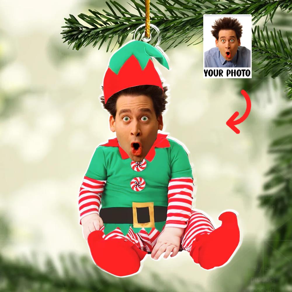 Adorable Newborn Baby Elf - Personalized Babys Photo First Christmas Ornament