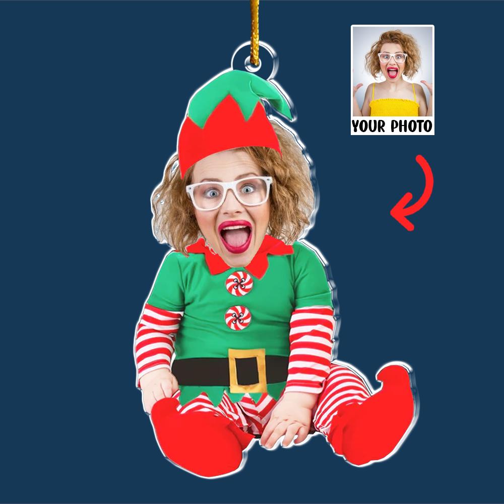 Adorable Newborn Baby Elf - Personalized Babys Photo First Christmas Ornament