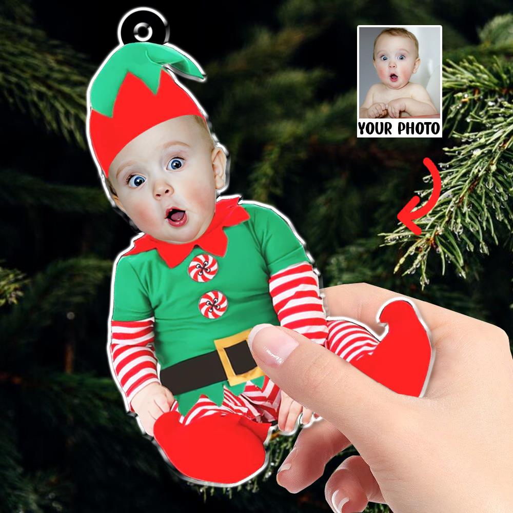 Adorable Newborn Baby Elf - Personalized Babys Photo First Christmas Ornament
