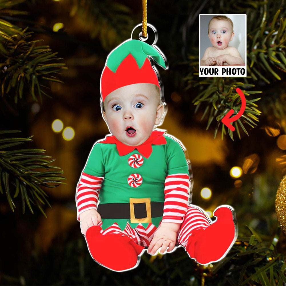 Adorable Newborn Baby Elf - Personalized Babys Photo First Christmas Ornament