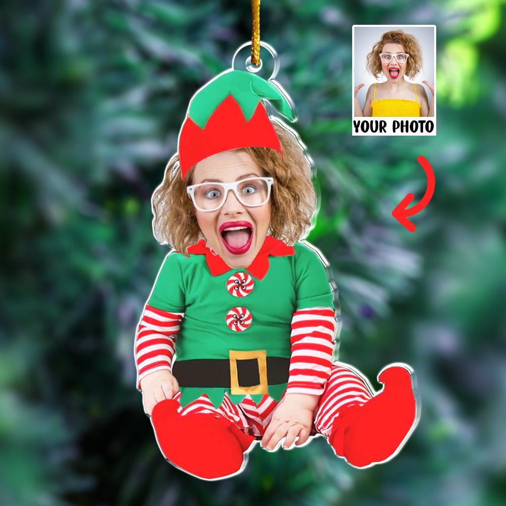 Adorable Newborn Baby Elf - Personalized Babys Photo First Christmas Ornament