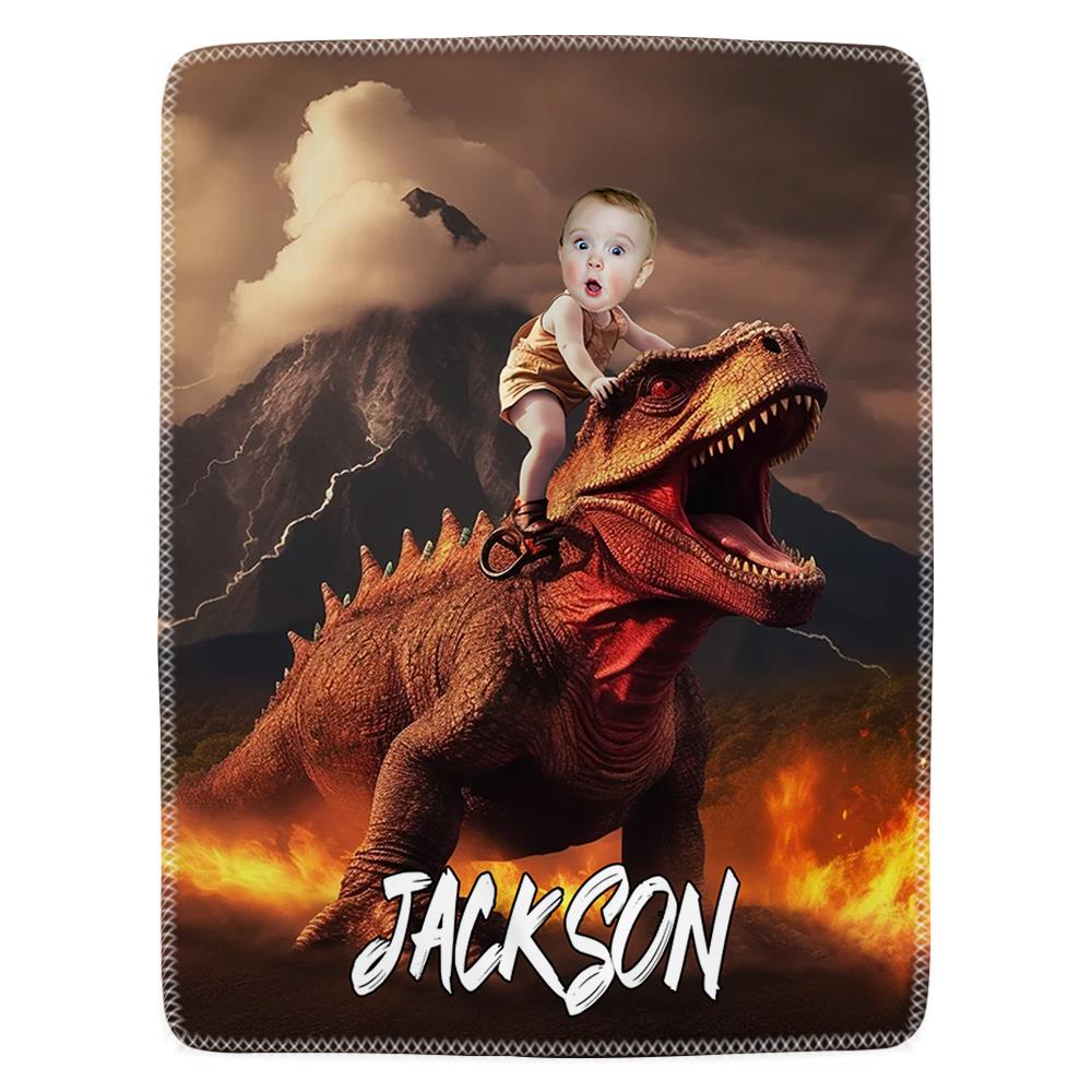 Little Boy Riding Dinosaur - Personalized Kid Photo Blanket