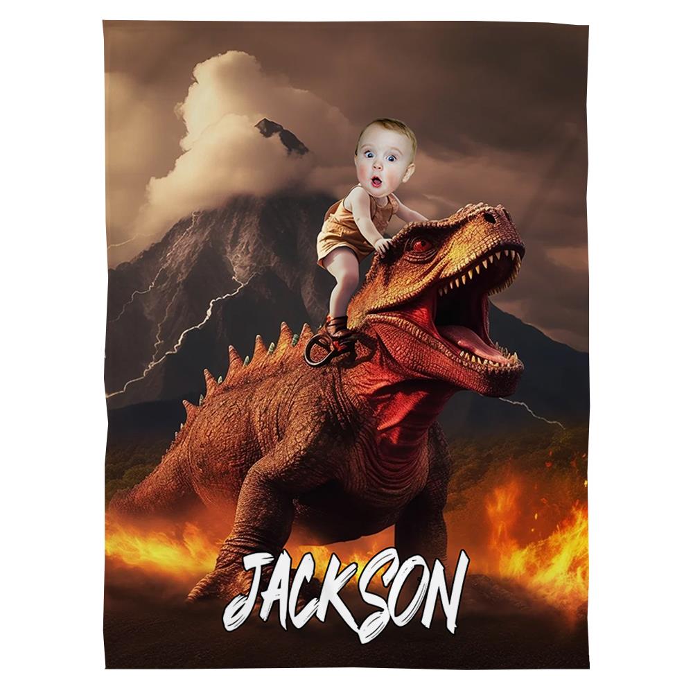 Little Boy Riding Dinosaur - Personalized Kid Photo Blanket