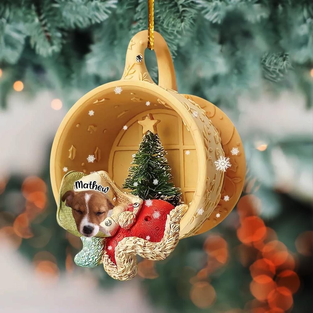Personalized Upload Photo Dog Sleeping In A Tiny Cup Christmas Holiday-Two Sided Ornament Nh00