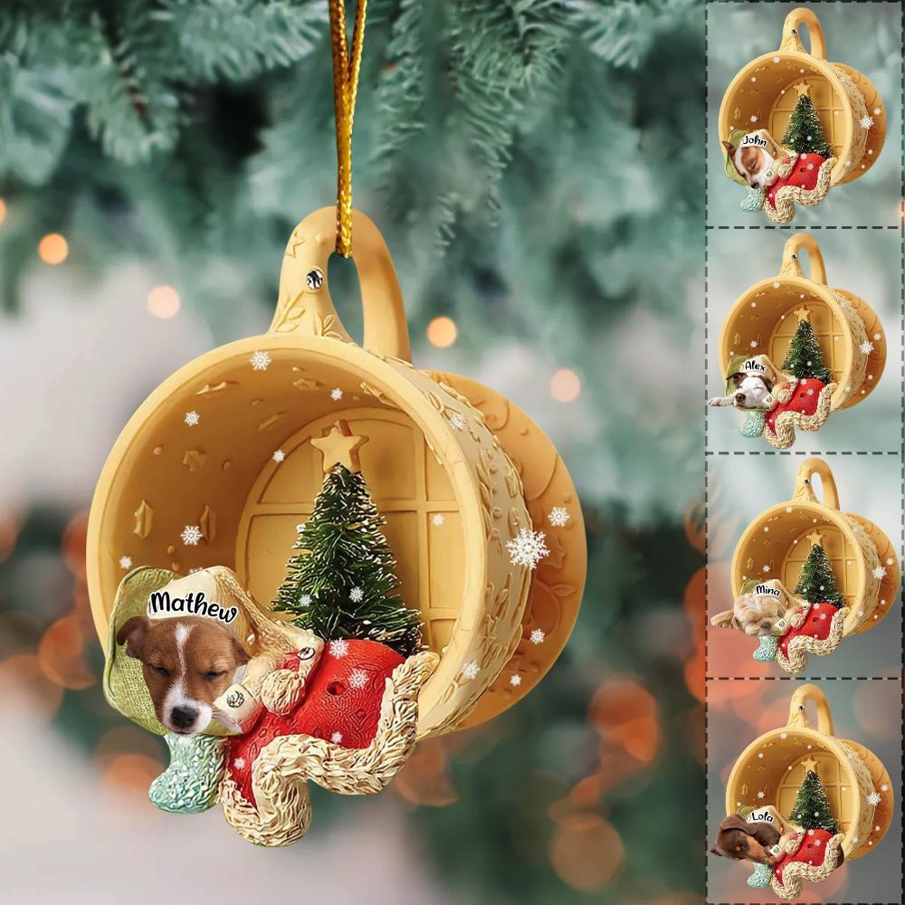Personalized Upload Photo Dog Sleeping In A Tiny Cup Christmas Holiday-Two Sided Ornament Nh00