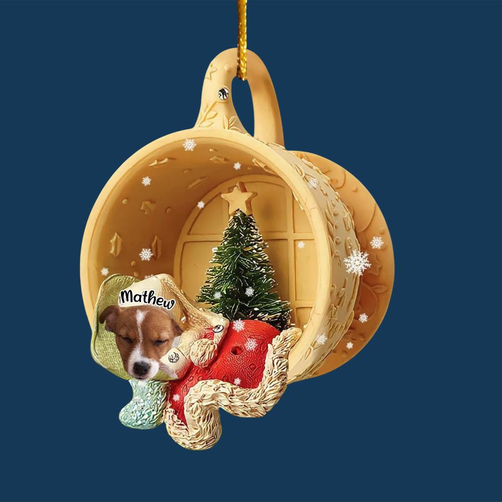 Personalized Upload Photo Dog Sleeping In A Tiny Cup Christmas Holiday-Two Sided Ornament Nh00