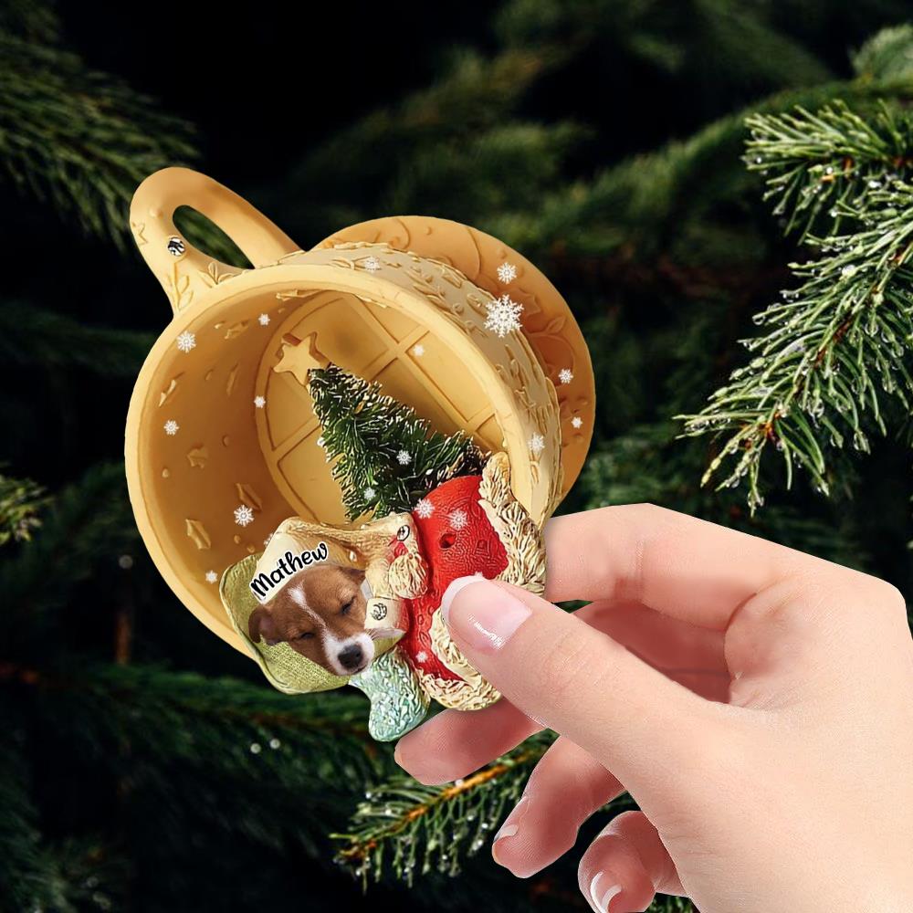 Personalized Upload Photo Dog Sleeping In A Tiny Cup Christmas Holiday-Two Sided Ornament Nh00