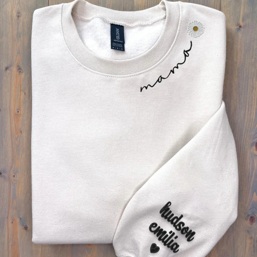 Custom Mama Embroidered Sweatshirt With Kid Name On Sleeve - Personalized Grandma Embroidered Sweatshirt