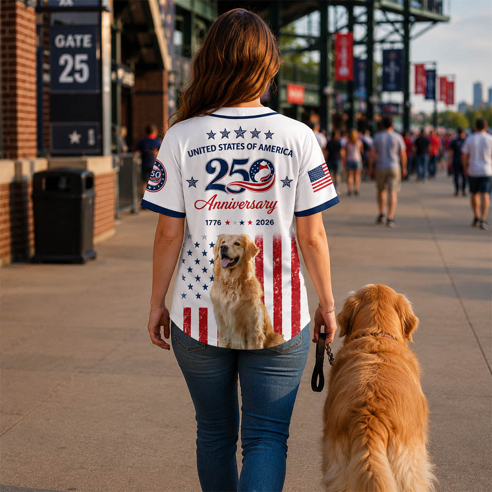 Custom Upload Photo Golden Retriever USA 250th Anniversary Baseball Jersey 1776-2026 Patriotic Dog Lovers Shirt