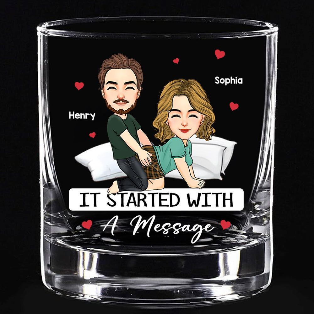 Custom It Started With A Message - Couple Personalized Custom Whiskey Glass - Gift For Husband Wife, Anniversary