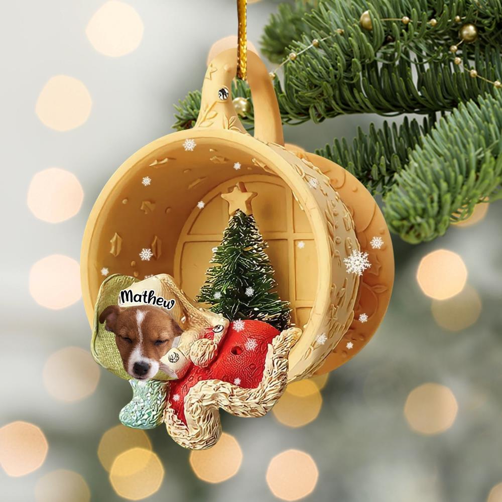 Personalized Upload Photo Dog Sleeping In A Tiny Cup Christmas Holiday-Two Sided Ornament Nh00