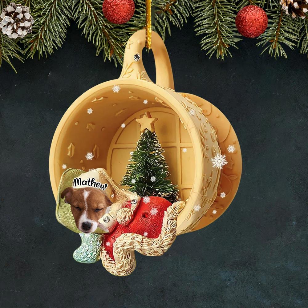 Personalized Upload Photo Dog Sleeping In A Tiny Cup Christmas Holiday-Two Sided Ornament Nh00