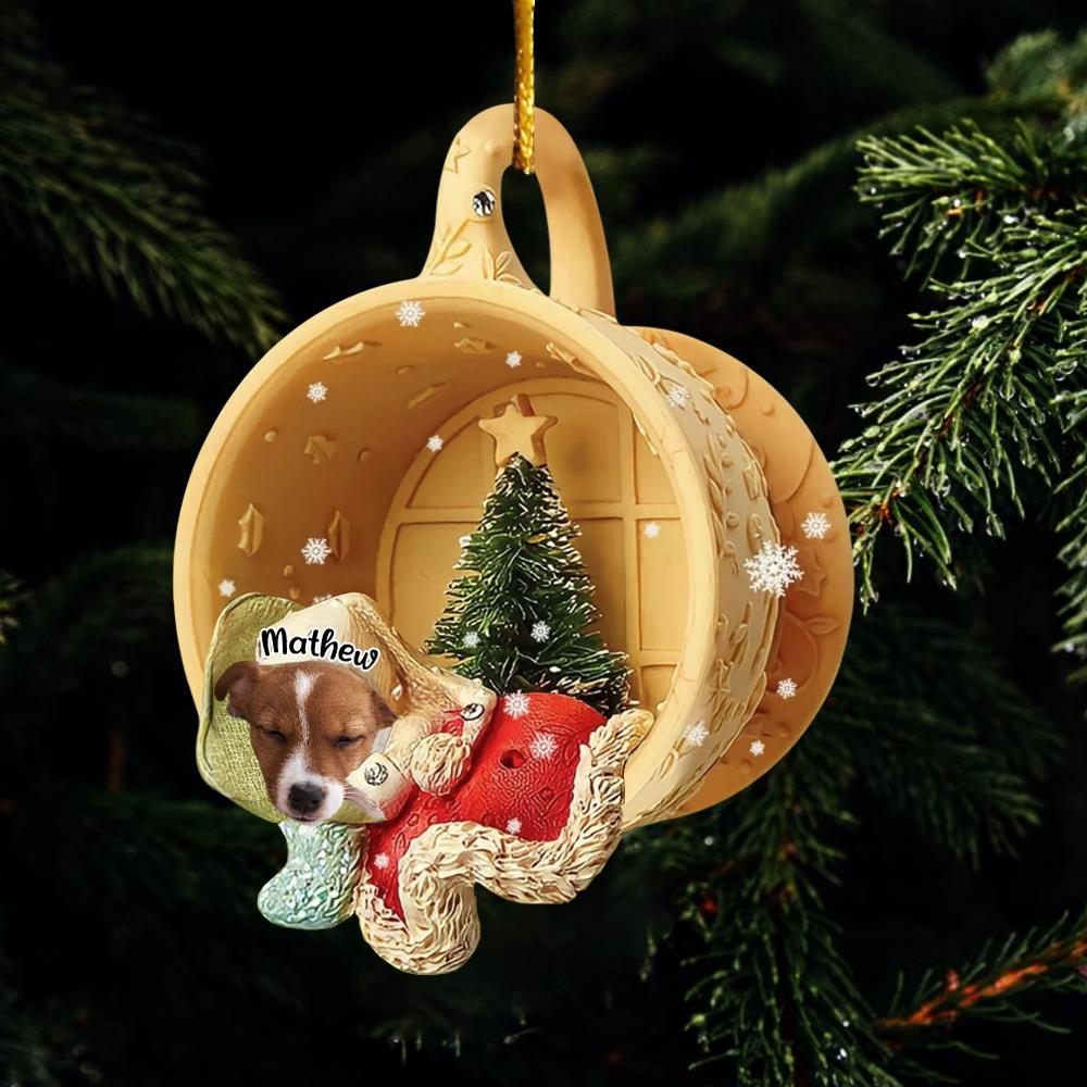 Personalized Upload Photo Dog Sleeping In A Tiny Cup Christmas Holiday-Two Sided Ornament Nh00