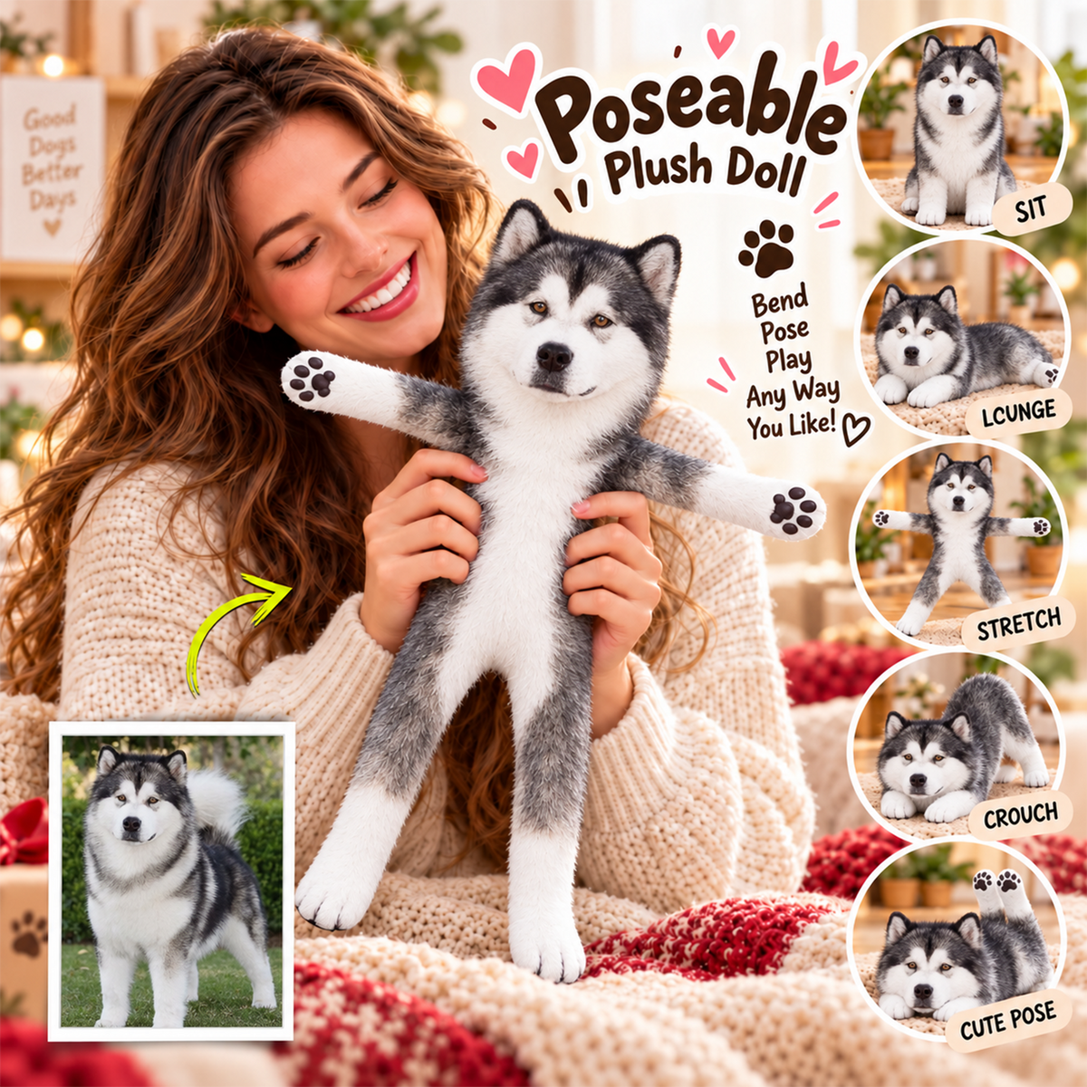 Personalized Alaskan Malamute Photo Pet Squishy Toy Poseable Plush Doll, Funny Gift For Dog Mom, Dad, Pet Lover T1807 T24 TL06