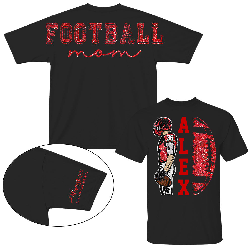 Personalized Football Mom Shirt, Custom Oversized Back Print & Cute Sleeve Detail, Player Name Number Game Day Shirt