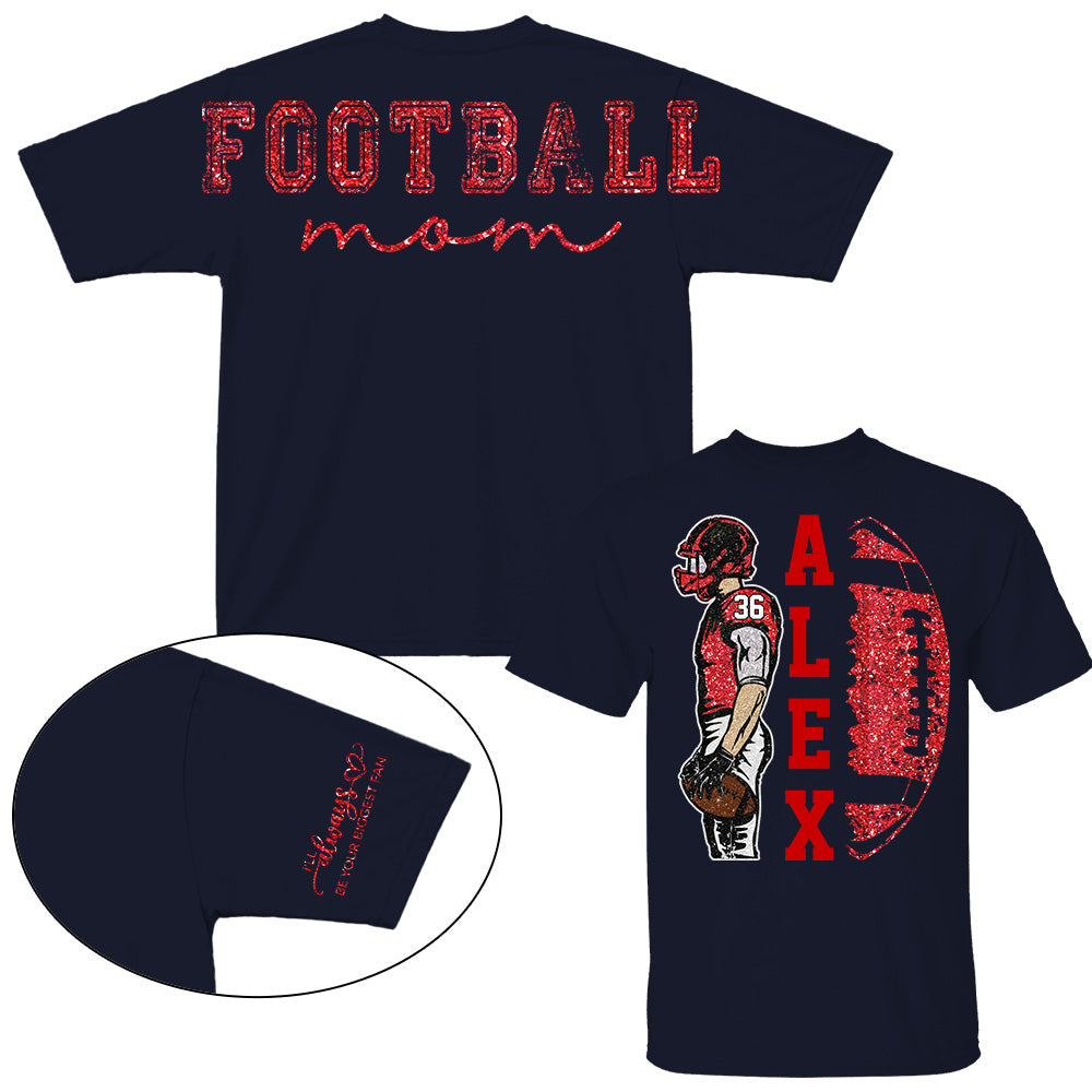 Personalized Football Mom Shirt, Custom Oversized Back Print & Cute Sleeve Detail, Player Name Number Game Day Shirt