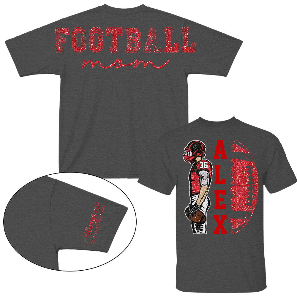 Personalized Football Mom Shirt, Custom Oversized Back Print & Cute Sleeve Detail, Player Name Number Game Day Shirt