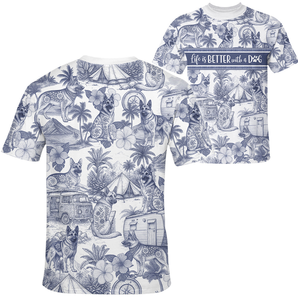 German Shepherd, Custom Camping Dog Lovers Toile De Jouy Style, Personalized All Over Print Shirt T1807 Hv01