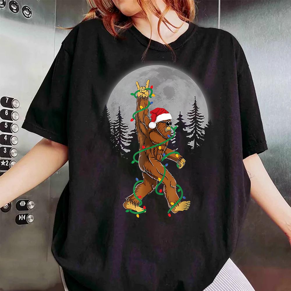 Bigfoot Santa Christmas Tree Lights Funny Xmas Sasquatch Shirt