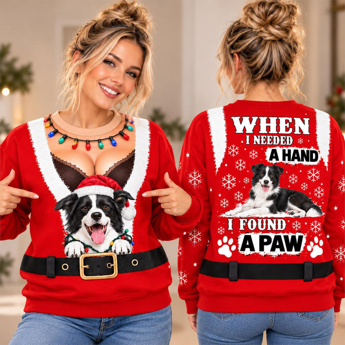 Personalized Funny Christmas All Over Print Shirts, When I Needed A Hand I Found A Paw, Custom Photo Dog Shirt Gift For Dog Lovers T1807 Hv01