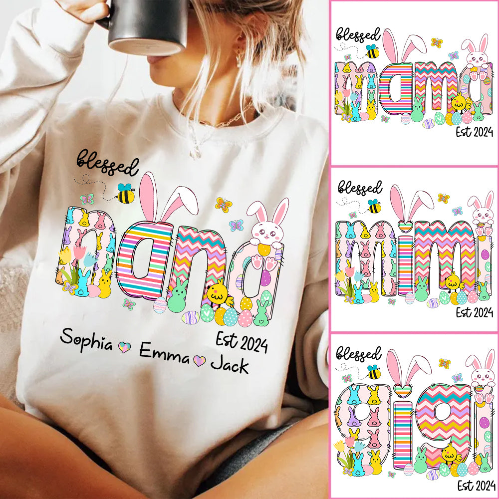 Blessed Grandma - Cute Colorful Easter Shirt - Personalized Nickname Nana Gigi Mimi - Custom Kid Names NA04 NV01
