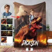Little Boy Riding Dinosaur - Personalized Kid Photo Blanket