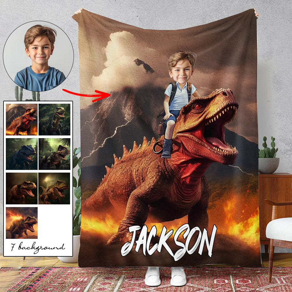 Little Boy Riding Dinosaur - Personalized Kid Photo Blanket