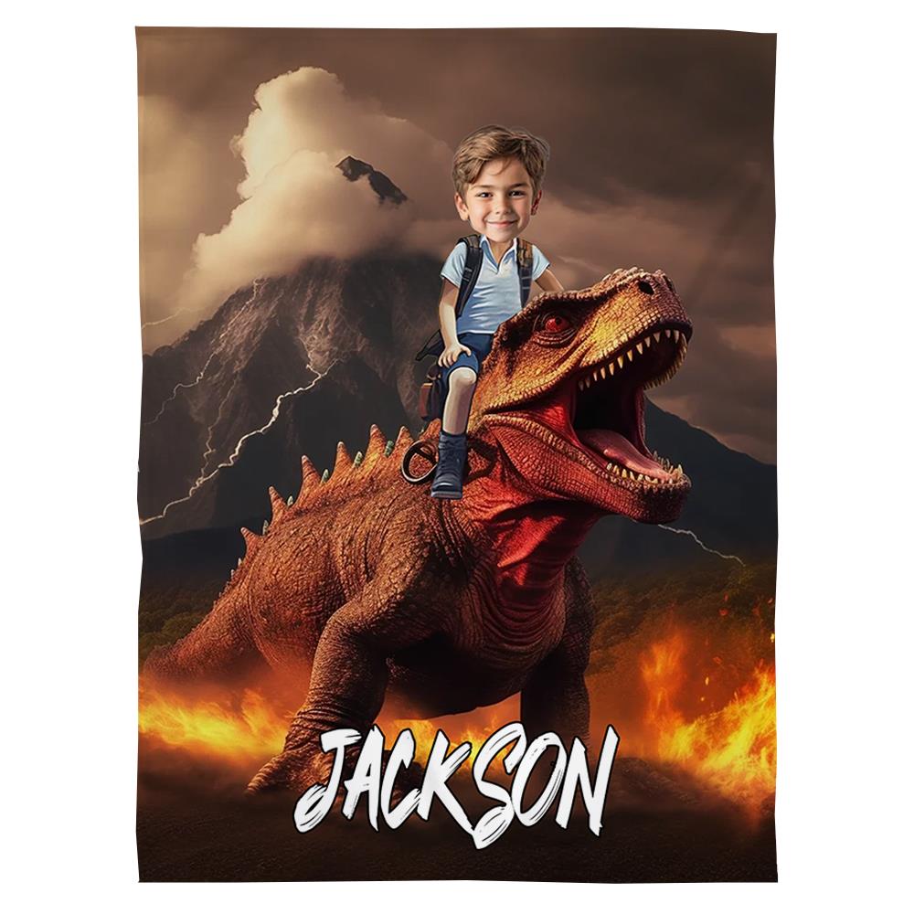 Little Boy Riding Dinosaur - Personalized Kid Photo Blanket