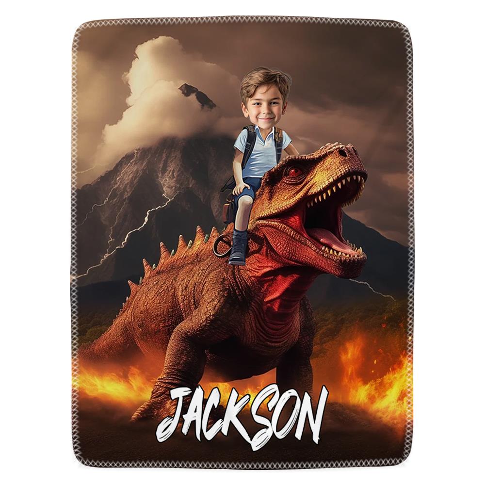 Little Boy Riding Dinosaur - Personalized Kid Photo Blanket