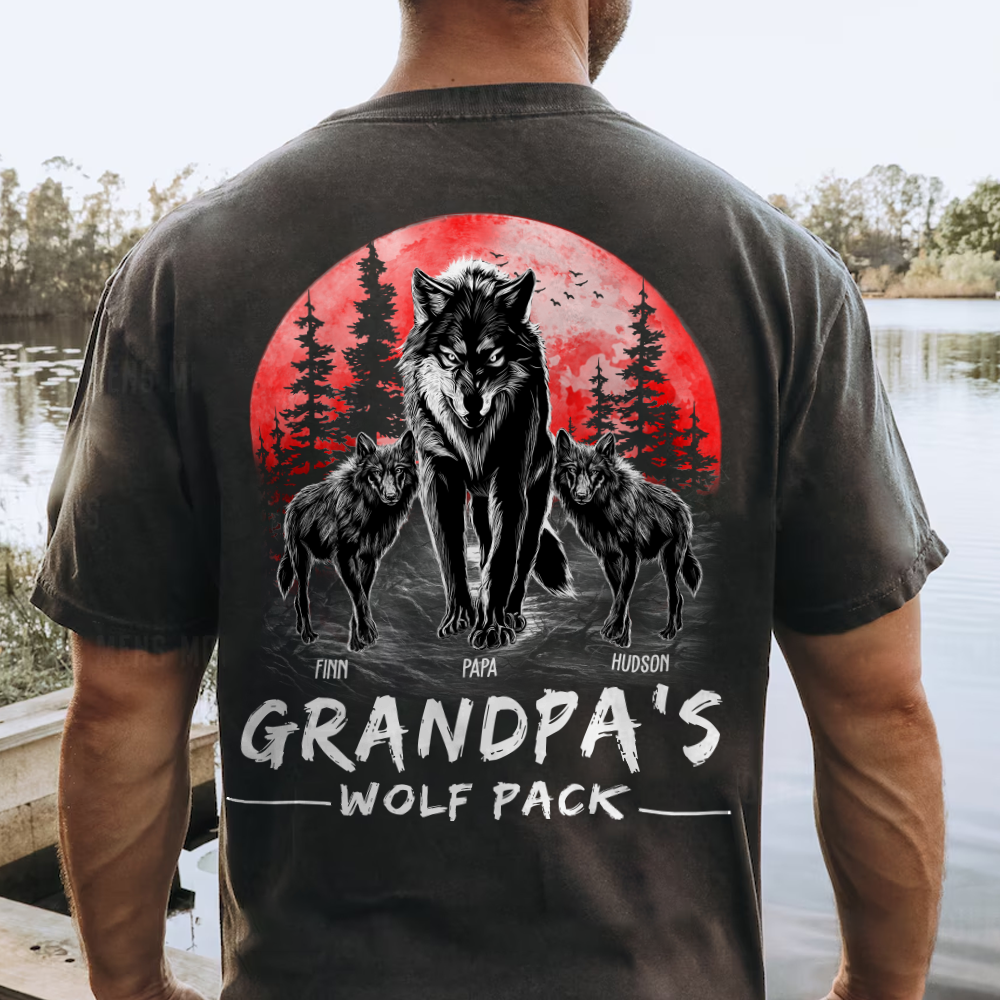 Custom Grandpa Wolf Pack Back Print Shirt - Perfect Father's Day Gift for Grandfather & Dad - Unique Men's Personalized Tee