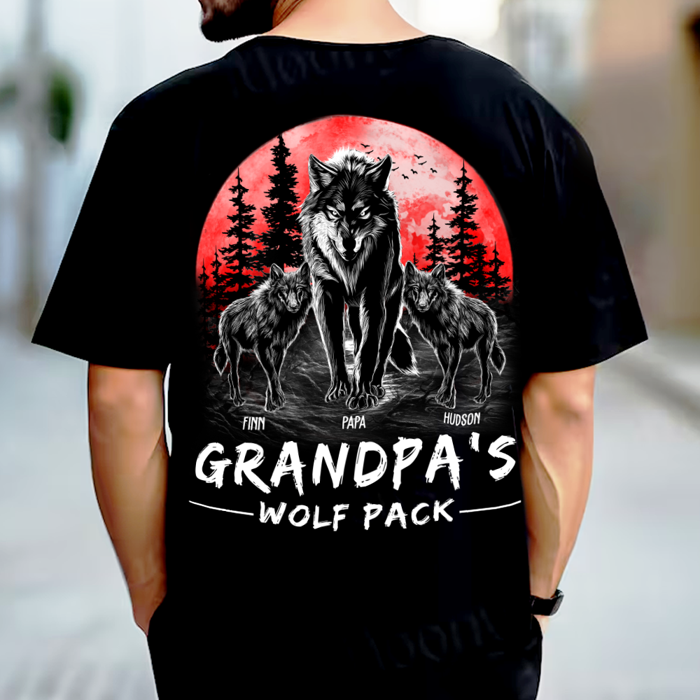 Custom Grandpa Wolf Pack Back Print Shirt - Perfect Father's Day Gift for Grandfather & Dad - Unique Men's Personalized Tee