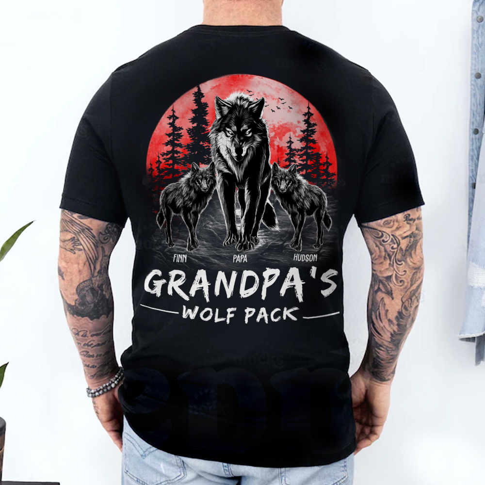 Custom Grandpa Wolf Pack Back Print Shirt - Perfect Father's Day Gift for Grandfather & Dad - Unique Men's Personalized Tee