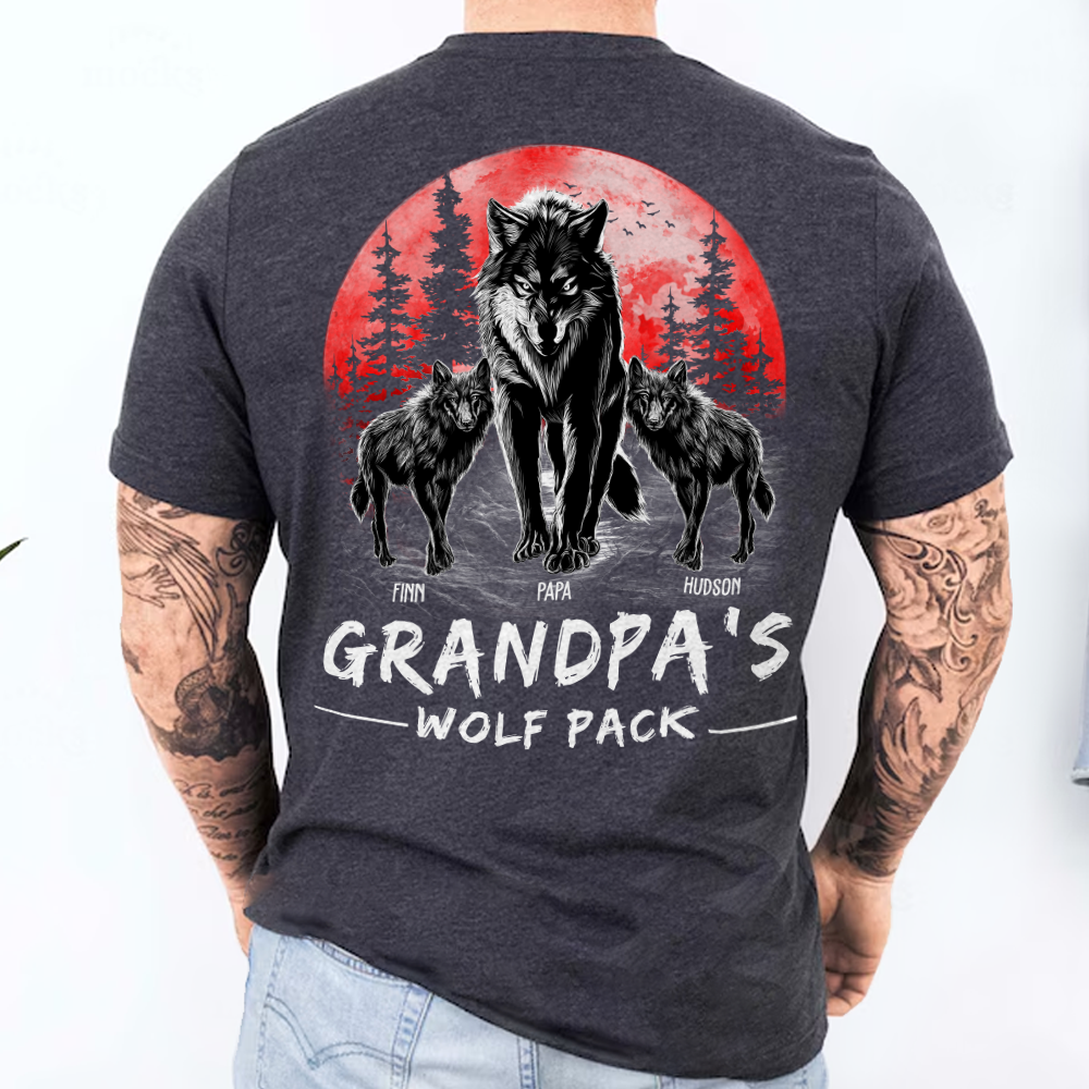 Custom Grandpa Wolf Pack Back Print Shirt - Perfect Father's Day Gift for Grandfather & Dad - Unique Men's Personalized Tee
